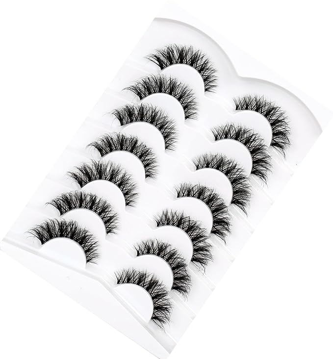 Pooplunch False Eyelashes Cat Eye Wispy Lashes Natural Short 8D Faux Mink Lashes Fake Eyelashes Strips 7 Pairs Pack