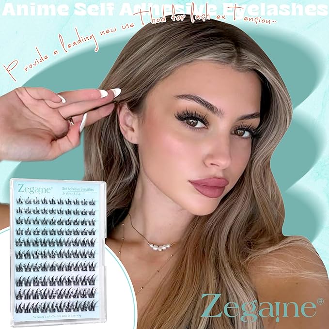 Zegaine Manga Self Adhesive Eyelashes Natural Look Self Adhesive Lash Clusters No Glue Needed Asian Anime Pre Glued Lashes Natural Lash Clusters Reusable C-Curly Spiky Pre Glued Eyelashes 8-16MM