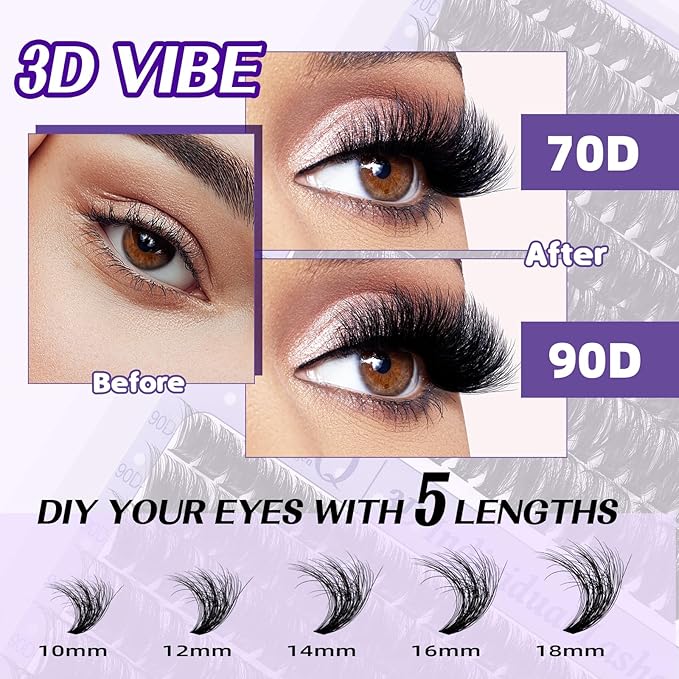 B&Qaugen Lash Extension Kit 3D Thick Lash Clusters Kit 280pcs Eyelash Extension Kit 10-18mm 70D+90D D Curl DIY Lash Extension Kit with Lash Bond and Seal, Lash Remover (KIT-70D+90D-MIX10-18mm), Black