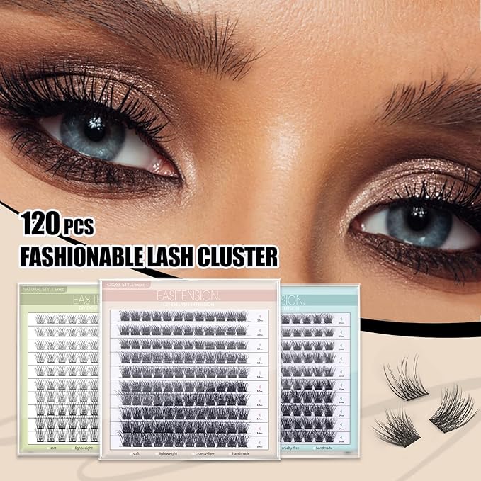DIY Eyelash Extension Lash Clusters 120 Clusters False Eyelash 3D Effect Individual Natural Lashes Set at Home Eyelash Extension Kit Lashes Pack Volume Cross Mixed