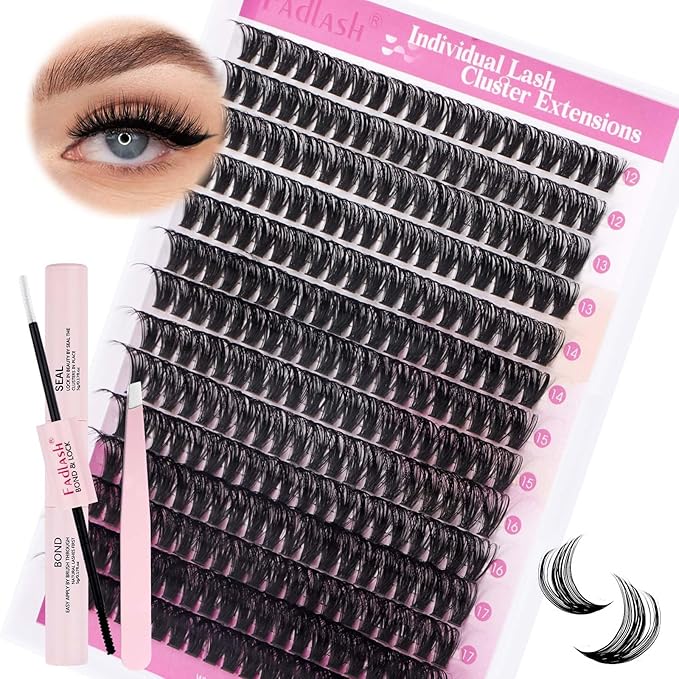 FADLASH DIY Lash Extension Kit Individual Lashes Cluster D Curl Eyelash Extension Kit with Lash Bond and Seal and Lash Applicator Tool for Self Application at Home (60D-0.07D-12-18MIX KIT)