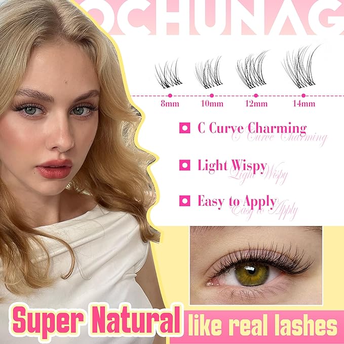 TOOCHUNAG Natural Lash Clusters Kit Wispy Lash Extensions Kit Venus 8-14mm Cluster Eyelash Extensions Invisible Band Lashes Clusters 120PCS C-Curly Eyelash Extensions Kit with Bond,Seal and Tweezers