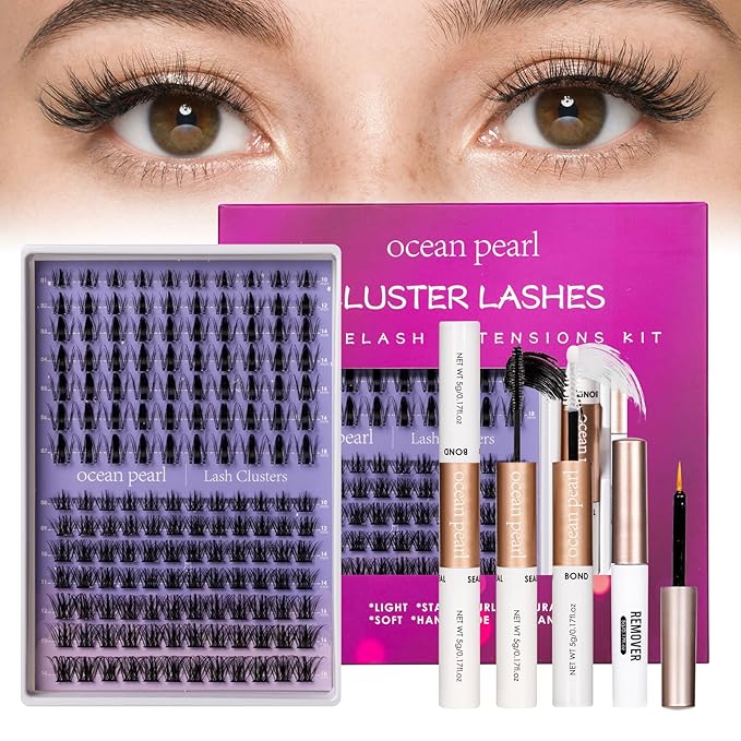 Ocean Pearl Lash Clusters Kit 154pcs,Eyelashes,spike-effect cluster lashes,10-18mm manga/anime-inspired lashes clusters,DIY Cluster Eyelash Extensions kit with lash bond+seal+remover+tweezers-M32+M35