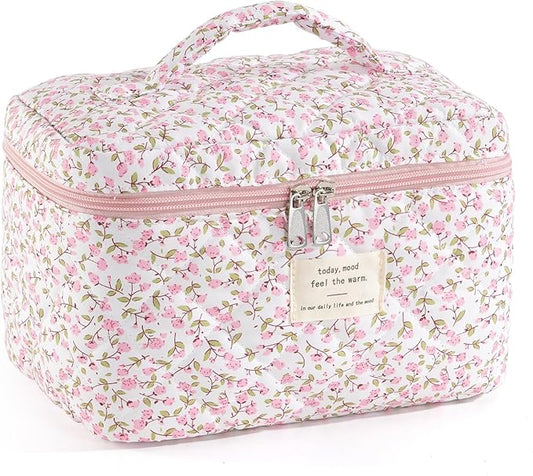 Makeup Bag for Women Quilted Cotton Make Up Bag Travel Cosmetic Bag Large Makeup Bag Cute Makeup Bags Organizer Floral Toiletry Bag Makeup Pouch for Purse, Pink Floral A-1PCS