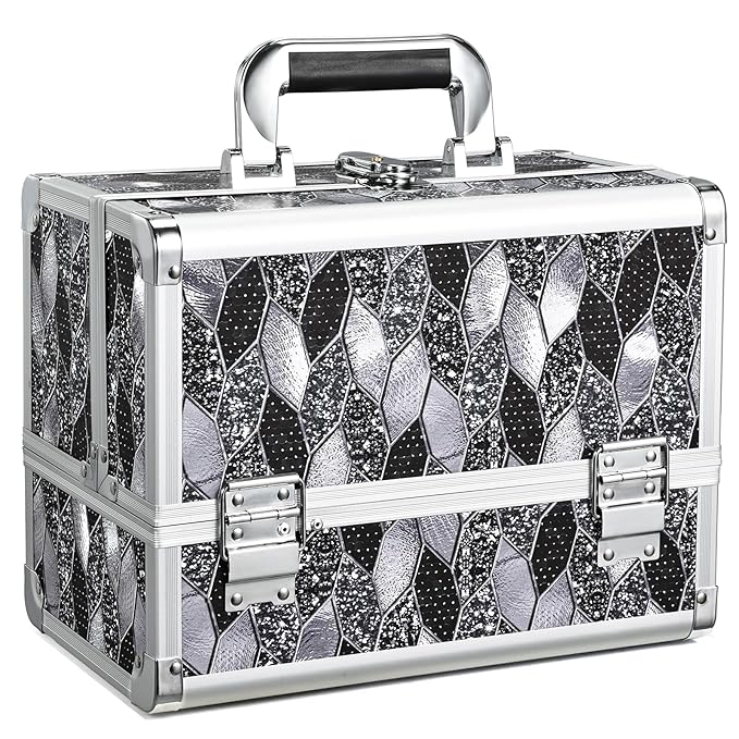 Joligrace Makeup Box 10 Inch Cosmetic Train Case for Women Travel Jewelry Organizer with Compartments & Mirror Portable Lockable Make-up Organizer Box - Mosaic Tiles Print