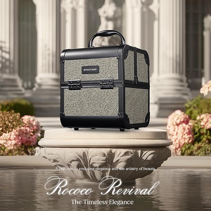 BYOOTIQUE Makeup Box Organizer with Mirror 2-Tier Trays Hairdressing Case Lash Storage Box for Manicurist Nail Tech Travel Beauty Salon Hairstylist,Rococo GainsBoro