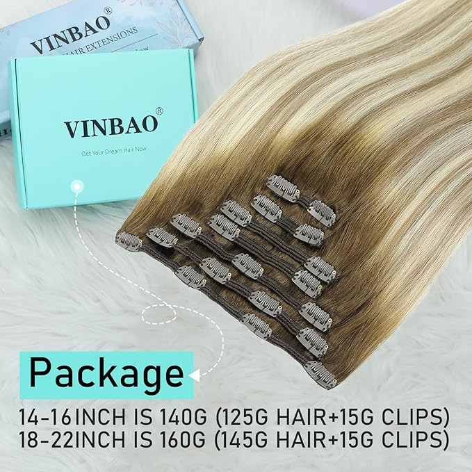 VINBAO Clip in Hair Extensions Real Human Hair Balayage Ombre Brown to Blonde Clip in Hair Extensions Real Human Hair 16 inch 140g 7pcs Double Weft (#HC3822,16'')
