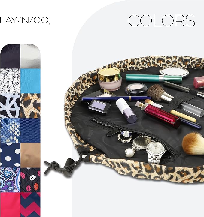 Lay-n-Go Cosmo Layflat Drawstring Cosmetic & Makeup Bag Organizer w/Zipper Pocket, Brush Loops & More, Cinch to Close, Lay Flat to Use, Durable, Machine Wash, Travel Toiletry Bag (22", Leopard)