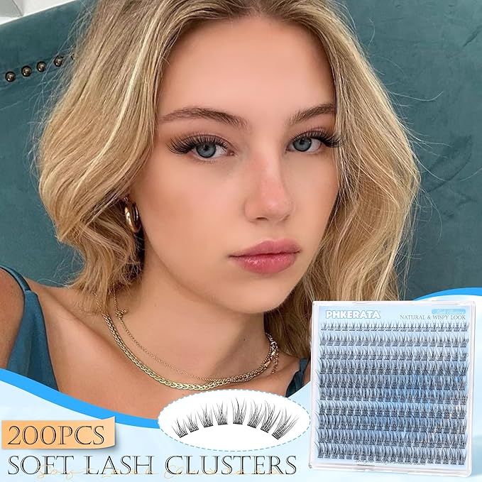 Natural Lash Clusters Wispy Eyelash Clusters 200Pcs Lashes Clusters C Curvature Individual Lashes DIY Cluster Eyelash Extensions with Soft Lash Band, 9-14 mm Mix