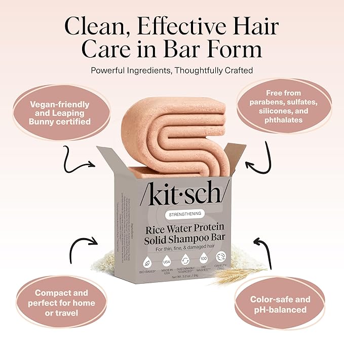Kitsch Rice Water Shampoo Bar for Hair Growth – Strengthening Hair Shampoo for Men and Women – Reduce Breakage, Boosts Shine – Paraben, Silicone & Sulfate-Free, Vegan Hair Care - 3.2 oz
