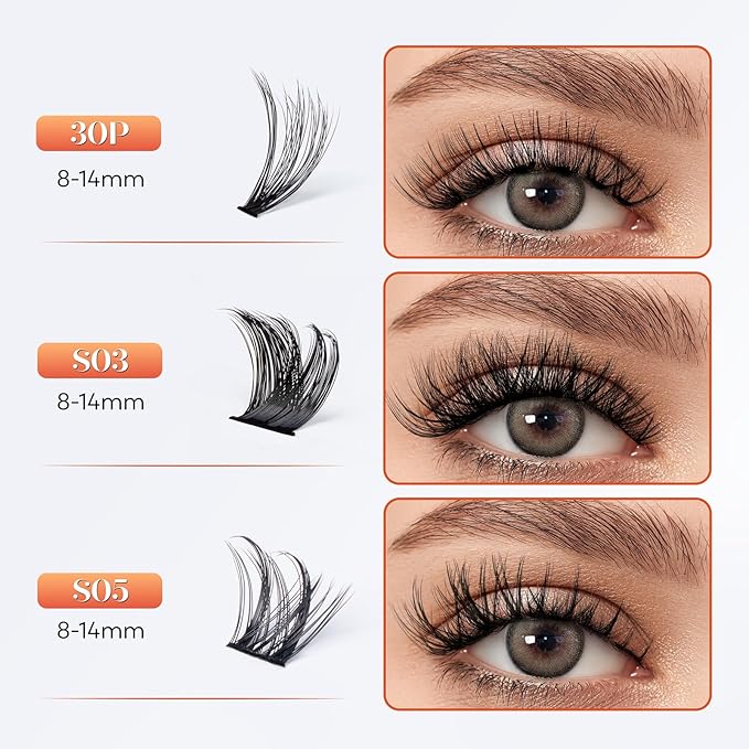 Lash Clusters Kit-VYRILA 0.07mm Wispy 8-14mix C Curl Eyelash Clusters with Lash Bond and Seal Waterproof, Eyelash Tweezers (S03+S05 KIT 138pcs-8-14mix)