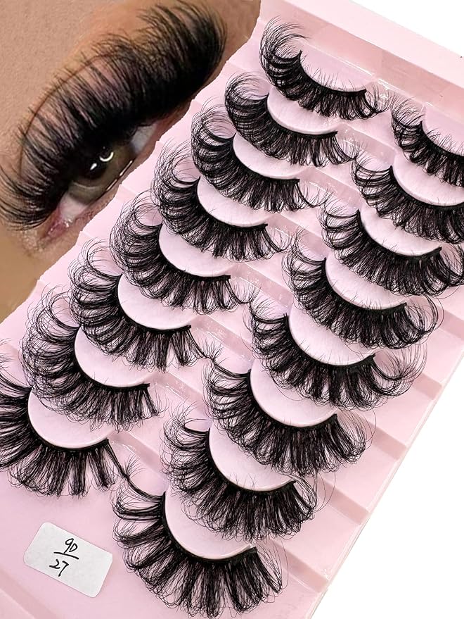 HBZGTLAD Mink Lashes Fluffy False Eyelashes 25mm Dramatic Faux Mink Eyelashes Natural Look Cat Eye Volume Eye Lashes Multipack (9D-27)