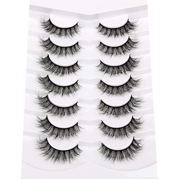 Pooplunch False Eyelashes Cat Eye Lashes 8D Volume Thick Crossed Natural Faux Mink Lashes Fake Eyelash Strips 7 Pairs Pack
