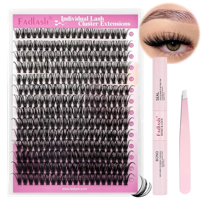 FADLASH DIY Lash Extension Kit Individual Lashes Cluster D Curl Eyelash Extension Kit with Lash Bond and Seal and Lash Applicator Tool for Self Application at Home (50D-0.07D-12-18MIX KIT)