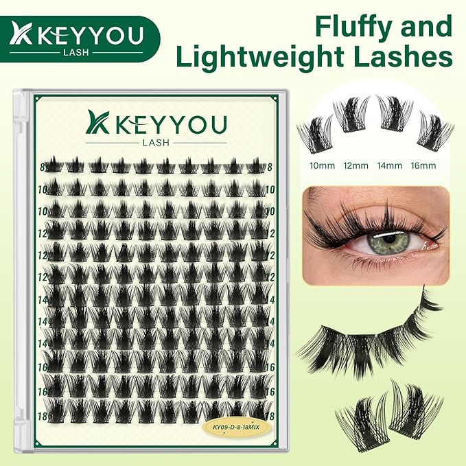 KEYYOULASH Lash Clusters Manga Lash Extension D Curl 120pcs 8-18mm Wispy Eyelash Clusters Natural Volume Eyelash Extensions Individual Lashes DIY at Home(KY09,D-8-18MIX)