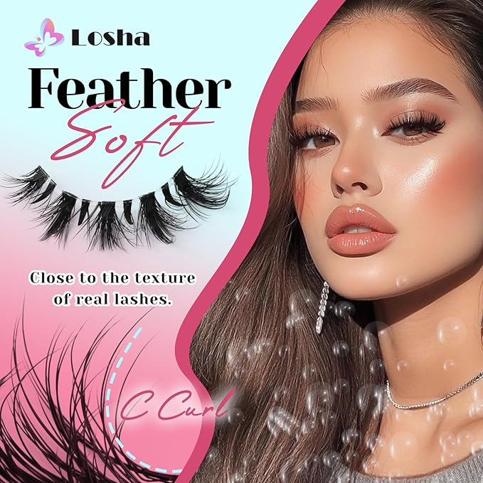 Losha Lashes Wispy Cat Eye Lashes 10 Pairs Natural False Eyelashes with Clear Band 7-16mm Soft Faux Mink Lashes C Curl Lash Strips with Spiky Design (FT01)
