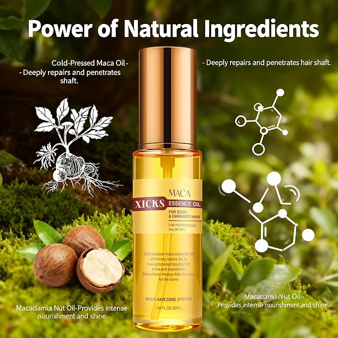 Maca Essence Oil, 1.69 FL OZ, Damaged Hair Repair Essence Oil, Deeply Nourishes Scalp, Promotes Hair Growth, Suitable for Men and Women, 50ML