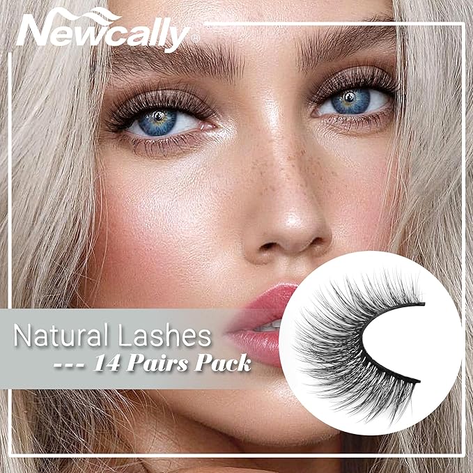 Newcally Lashes False Eyelashes Natural Wispy Light Volume Faux Mink Lashes 14 Pairs Pack