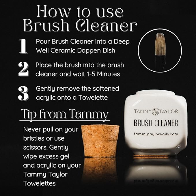Tammy Taylor Acrylic Nail Brush Cleaner Liquid, Removes Solid Gel Nail Polish, Acrylic Dip Powder, All-in-One Poly Gel Slip Solution + Kolinsky Sable Nail Brush Conditioner, Cleaner & Restorer (4oz)