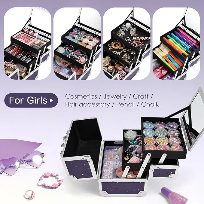 Joligrace Makeup Case for Girls Cosmetic Train Case Makeup Storage Box Jewelry Organizer Hair Accessories Lockable with Trays & Mirror Kids Gift Unicorn