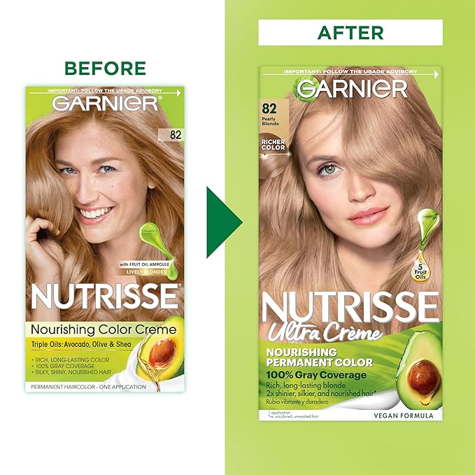 Garnier Hair Color Nutrisse Nourishing Creme, 82 Pearly Blonde (Biscotti) Permanent Hair Dye, 2 Count (Packaging May Vary)