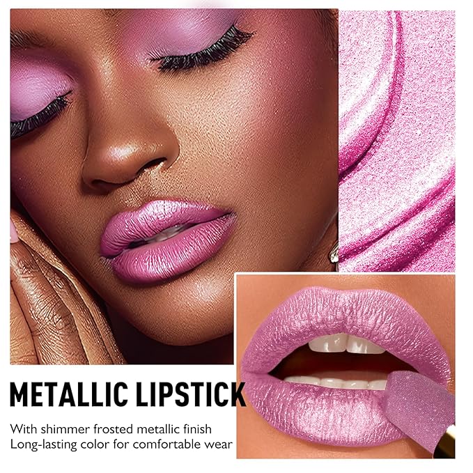 Pink Lipstick for Women with Metallic Shimmer Shine, Long Lasting Lip Stick Glitter Moisturizing Lightweight Full Coverage Lip Makeup, Non-Sticky Diamond Pearl Shiny Cream Lipstick Balm, 09