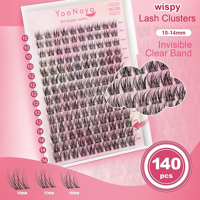Wispy Lash Clusters 140 Pcs 10-14mm Mix Short Eyelash Clusters C Curl Cluster Eyelash Extensions Natural Wispy Cluster Lashes Reusable Individual Invisible Band Lash clusters (QX-10-14mm)