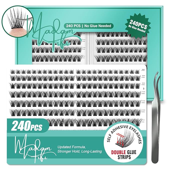 Self Adhesive Lash Clusters,Individual Eyelashes 240PCS No Glue Needed,8-16mm Fluffy Wispy Cluster Lashes Extensions,DIY Lash Extension Kit for Natural Volume Look with TWEEZERS