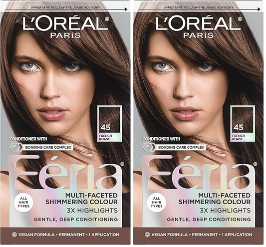 L'Oreal Paris Feria Multi-Faceted Shimmering Permanent Hair Color, 45 French Roast (Deep Bronzed Brown), Pack of 2 Hair Dye Kit