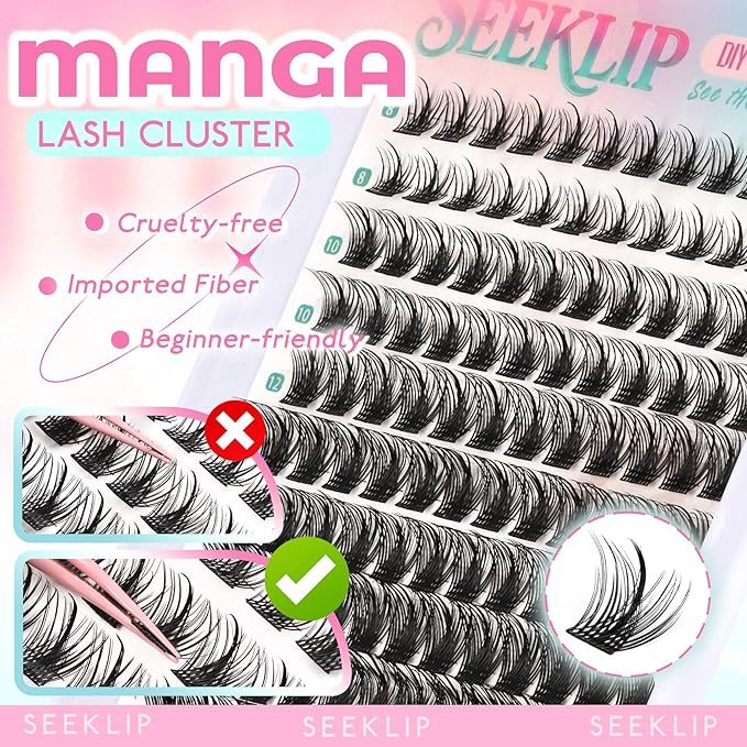 Lash Clusters Wispy Manga Lash Clusters C Curl Lightweight Spiky Doll Anime Eyelash Extensions 8-16MM Mixed 144Pcs Doe eyed Individual Lashes with Spikes for DIY at Home (Hibiscus)