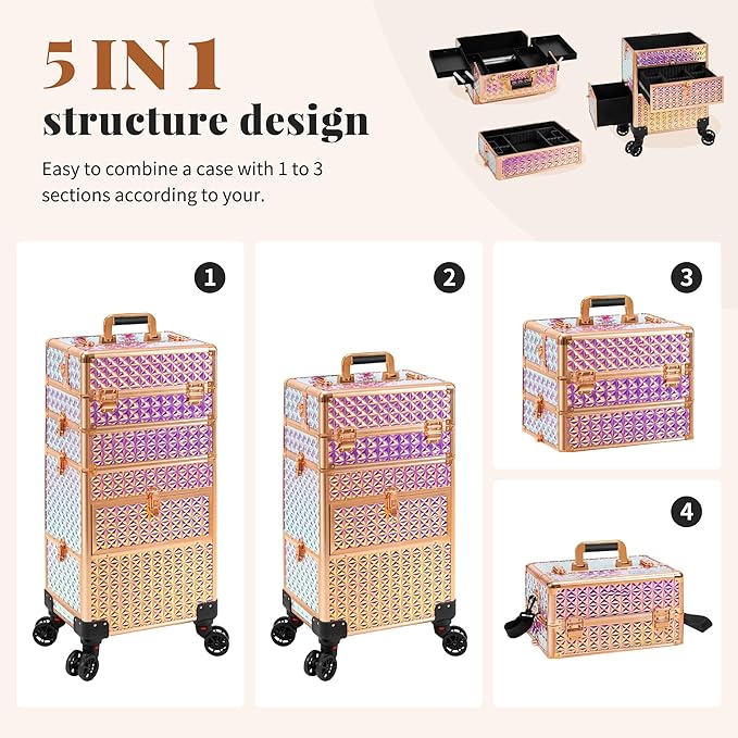 AROUS Rolling Makeup Train Case with 3 Drawers, Cosmetology Case on Wheels Nail Trolley Cart Salon Station Organizer Cases for Nail Tech, Face Painting,Hairstylist, Makeup Artist, Colorful