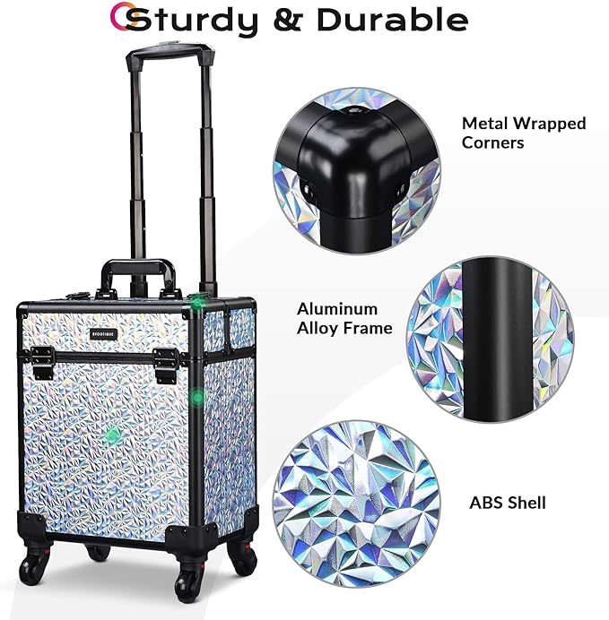 BYOOTIQUE Rolling Makeup Cart on Wheels False Eyelash Storage Nail Tech Carrying Organizer Box for Nail Artist Beauty Studio Barbershop Hairstylist,Mermaid Silver