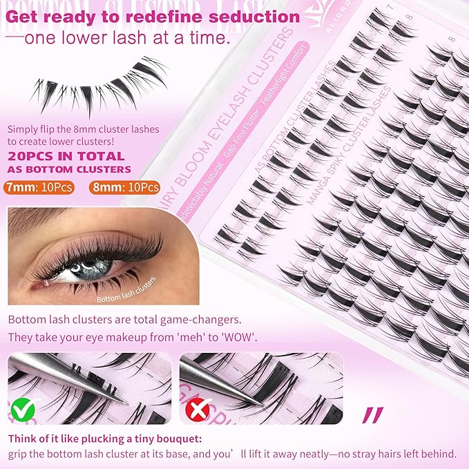 Fairy Lash Clusters Kit with Bottom Lashes Natural Eyelash Clusters Kit Wispy Lash Extensions Spikes C Curly Manga Eyelash Extensions Kit with Lash Bond and Seal Manga Wet-Look Individual Lashes Kit