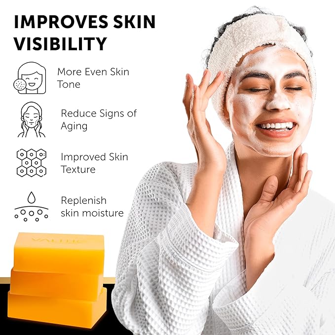 VALITIC Kojic Acid Dark Spot Remover Soap with Turmeric, Vitamin C, Retinol - Original Japanese Complex - Hyaluronic Acid, Vitamin E, Shea Butter, Castile Olive Oil - 3 Pack Bundle with African Net
