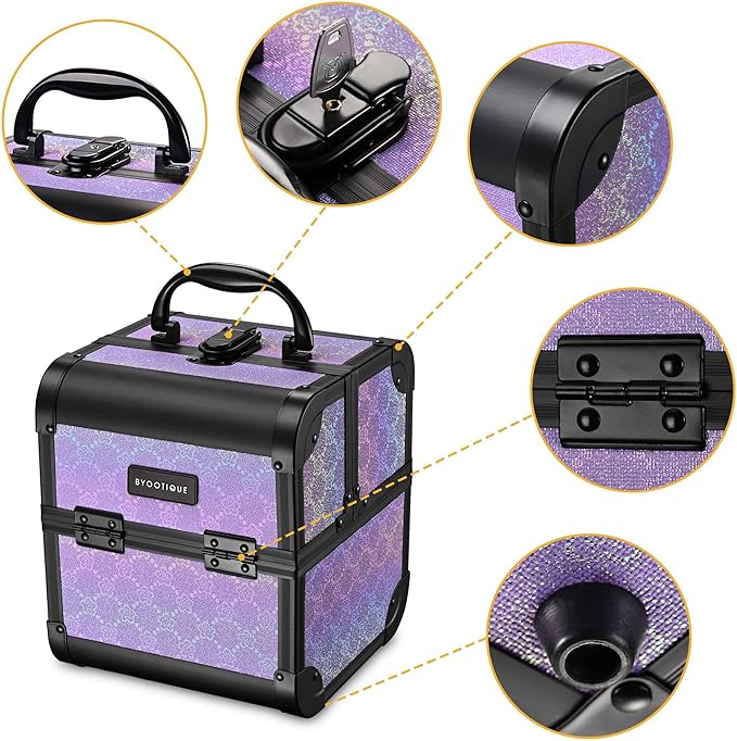 BYOOTIQUE Makeup Train Case with Mirror Small Cosmetic Bag for Travel 2-Tier Trays Jewelry Organizer Box Lash Storage for Nail Artist Manicurist Beauty Salon,Charm ForgetMeNot