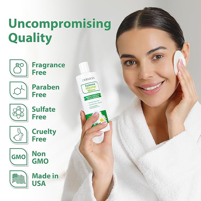 Eczema Micellar Water - Gentle Facial Cleanser and Makeup Remover for Sensitive & Eczema Prone Skin - Hydrating Micellar Cleansing Water with Soothing Colloidal Oatmeal & Cucumber (12 fl oz)