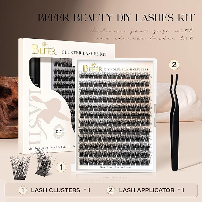 BEFER Lash Clusters, 180 Pcs D Curl Eyelash Clusters Volume Individual Lashes Extensions 10-16MM Wispy Eyelash with Tweezers DIY At Home(FD09,Enigma)