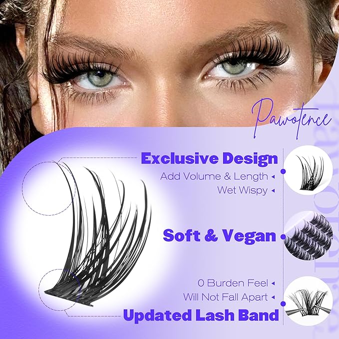 Pawotence Lashes Clusters Wispy Cluster Eyelash Extensions 144pcs Individual Lashes Wet Look 10-18mm Lash Extension DIY False Eyelashes Soft Comfortable Eyelash Clusters