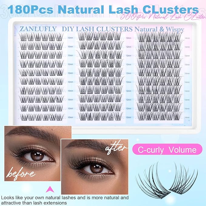 Lash Clusters Natural Eyelash Clusters C-curly Lashes DIY Cluster Eyelash Extensions 10-14MM Individual Lashes 180PCS Lash Extension by zanlufly