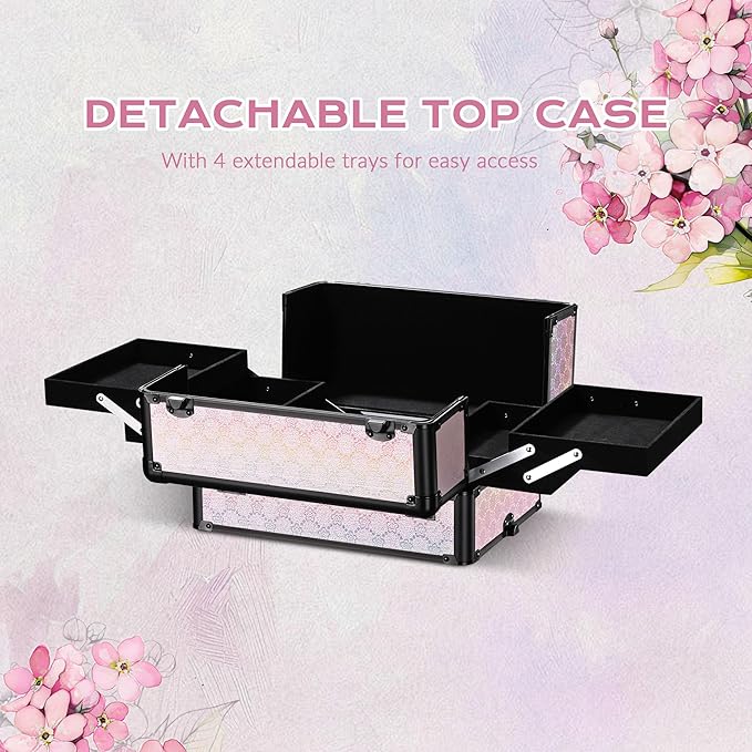 BYOOTIQUE Barber Case False Eyelash Storage Rolling Makeup Cart on Wheels Hairdressing Brush Bags Barber Suitcase for Wedding Beautician Manicurist Hairstylist,Blush ForgetMeNot