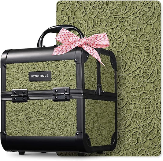 BYOOTIQUE Travel Makeup Case with Mirror 2-Tier Trays Cosmetic Storage Box Jewelry Organizer for Beautician Nail Tech Barbershop Hairstylist,Rococo Moss