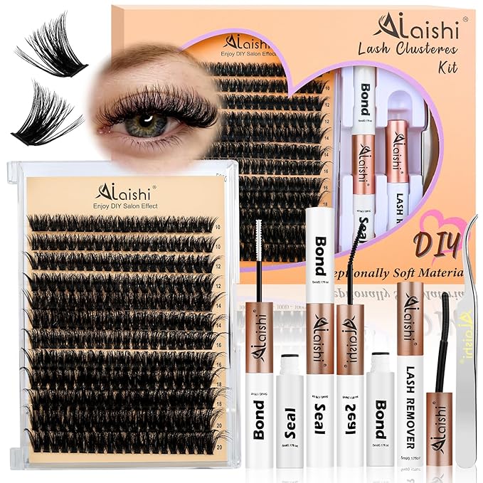 Lash Clusters Kit, DIY Cluster Eyelash Extensions 10‑20mm, 80D, 240pcs Fluffy D Curl Natural Lashes with Bond & Seal,Remover,Tweezers – Fake Cat Eye Individual Clusters