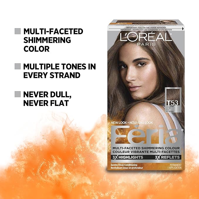 L'Oreal Paris Feria Multi-Faceted Shimmering Permanent Hair Color, T53 Moonlit Tortoise (Cool Medium Brown), Pack of 1, Hair Dye
