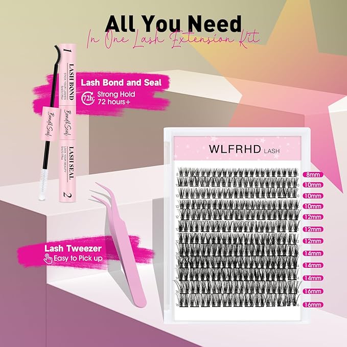 WLF Lash Clusters Kit, 132 pcs Individual Eyelash Clusters Lash Extension Kit D Curl Wispy Lash Kit with Eyelash Bond and Seal and Applicator for False Eyelash Extensions(Vale-Mix 8-16mm Kit)