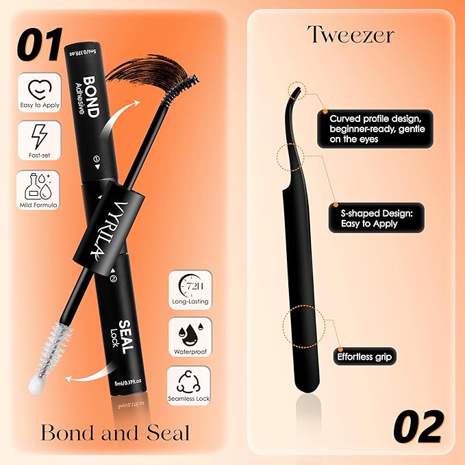 Lash Extension Kit-VYRILA 0.07mm Wispy C Curl Lash Clusters Kit 40P 8-16mix Individual Lashes with Lash Bond and Seal Waterproof,Lash Tweezers for DIY Lash Extension (Orange 40P Kit-C-8-16mix)