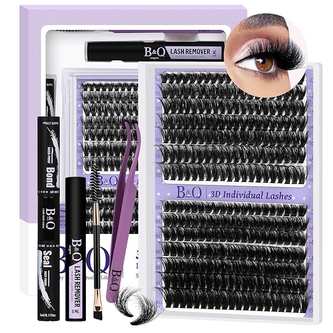 B&Qaugen Lash Extension Kit 3D Thick Lash Clusters Kit 280pcs Eyelash Extension Kit 10-18mm 70D+90D D Curl DIY Lash Extension Kit with Lash Bond and Seal, Lash Remover (KIT-70D+90D-MIX10-18mm), Black