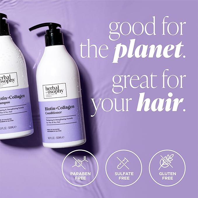 Herbalosophy Biotin & Collagen Shampoo & Conditioner Set, Hair Growth Thickening, Repair Dry, Damaged Hair Set, Infused with Vitamin B7 & Argan Oil, Sulfate, Parabens and Gluten Free, 2 x 16.9 Fl Oz