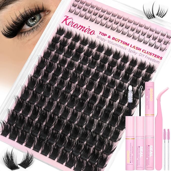 Kiromiro Lash Clusters Kit 12-20mm Thick Lash Extensions Kit Top & Bottom Eyelash Clusters Kit with Lashes Bond and Seal Fluffy Cluster Lashes with Spikes DIY Individual Eyelash Extensions