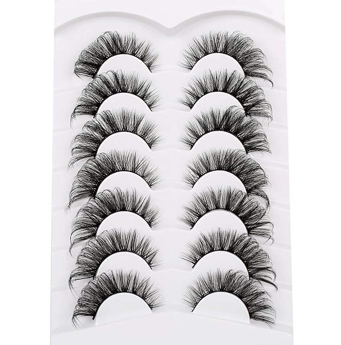 Poolunch False Eyelashes Cat Eye Lashes 8D Volume Wispy Natural Crossed Fake Eyelashes Faux Mink Lashes Strips 7 Pairs Pack