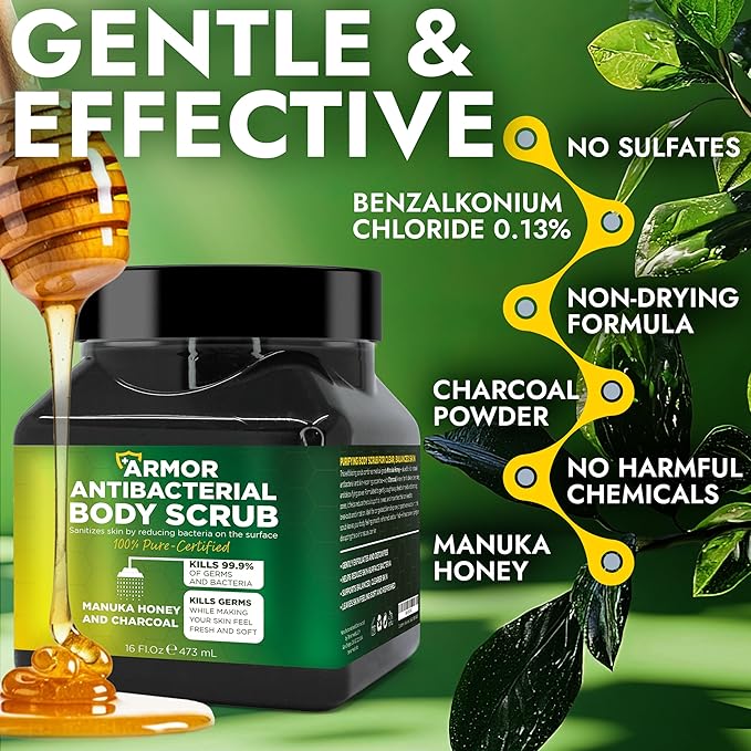 Exfoliating Body Scrub with Antibacterial Formula | Body Scrub Kills 99.9% of Germs & Bacteria | Manuka Honey & Charcoal | Deep Cleansing & Purifying for Smooth, Fresh, Healthy Skin | 16 fl oz Jar